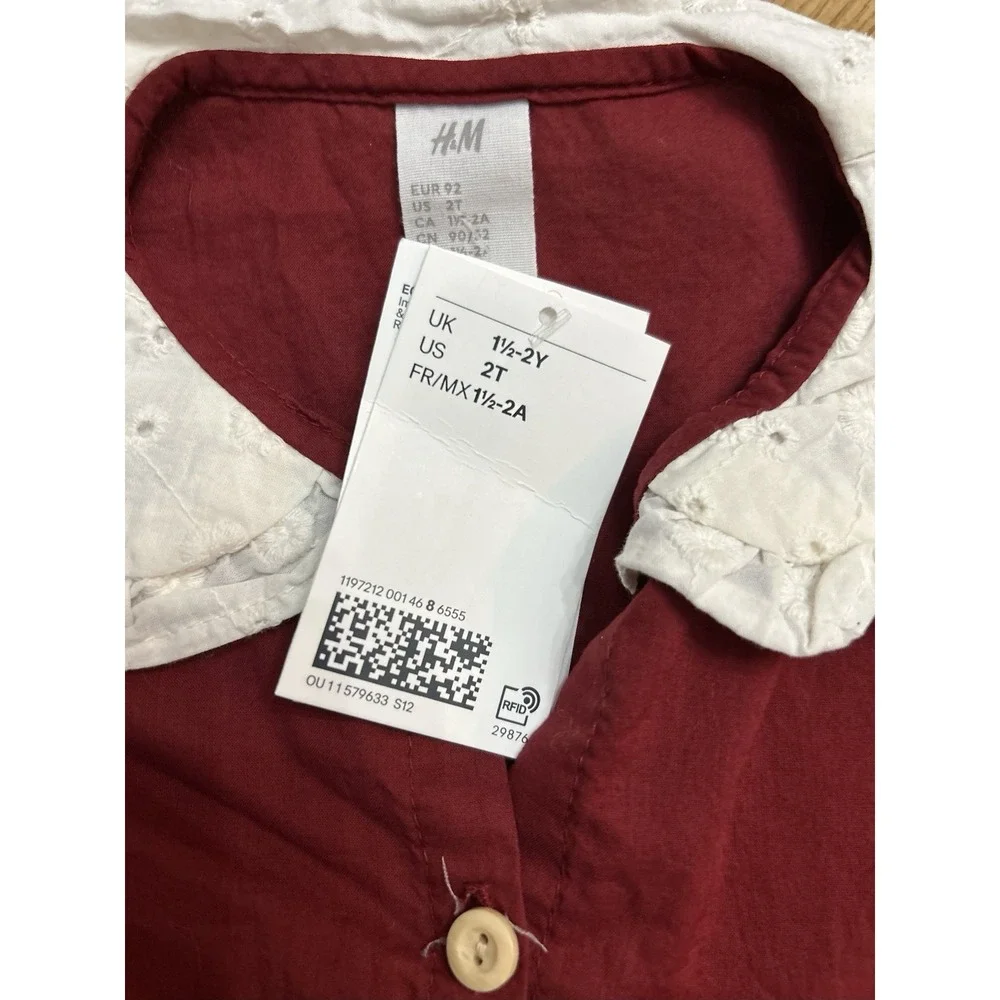 NWT H&M 2T Red Maroon Dress Eyelet Collared Long Sleeve Cotton New